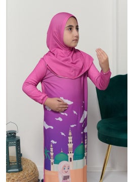 Altobeh Children's Prayer Set Practical One Piece Patterned Sleeves Removable Headscarf Lycra Hijab Dress (6-12 Years) 925-0301  - Image 4