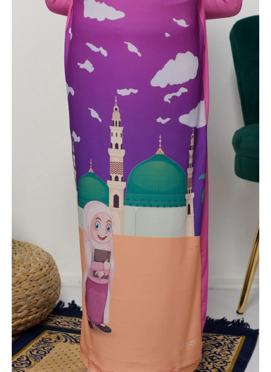Altobeh Children's Prayer Set Practical One Piece Patterned Sleeves Removable Headscarf Lycra Hijab Dress (6-12 Years) 925-0301