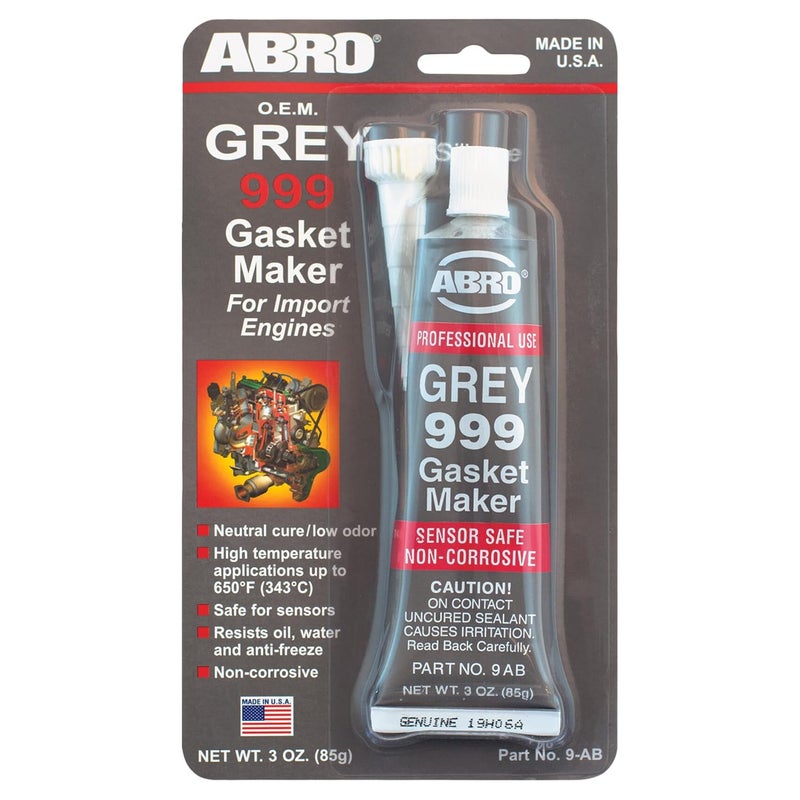 Abro 999 RTV Silicone Sealant and Gasket Maker - 650 Degrees F, OEM Specified, Sensor Safe, Non-Corrosive, High Temp Silicone Sealant/Head Gasket Sealant Neutral Cure, Low Odor, 3 oz. Tube - Grey - Image 1