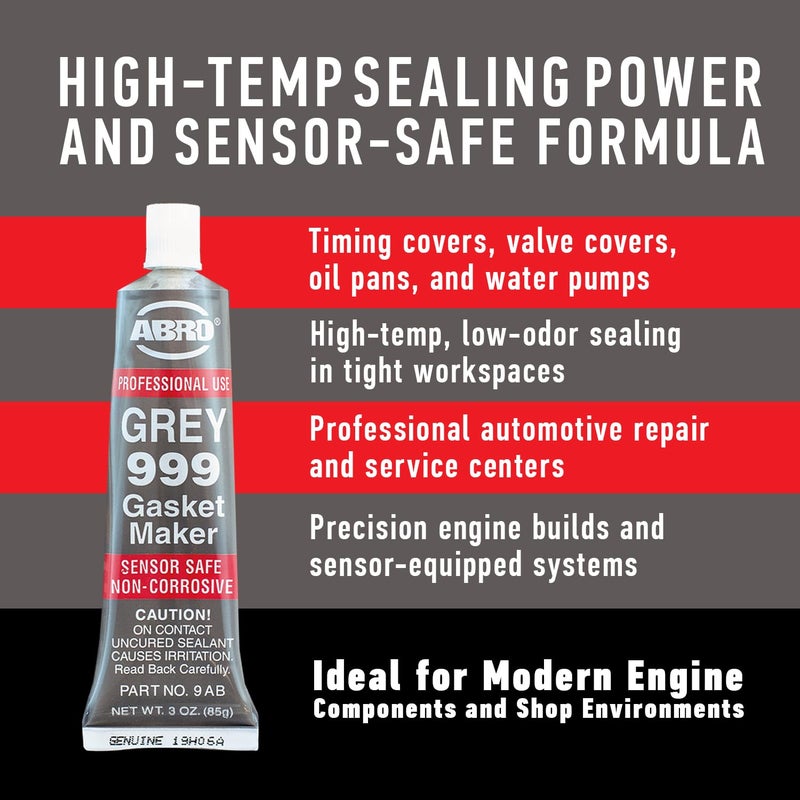 Abro 999 RTV Silicone Sealant and Gasket Maker - 650 Degrees F, OEM Specified, Sensor Safe, Non-Corrosive, High Temp Silicone Sealant/Head Gasket Sealant Neutral Cure, Low Odor, 3 oz. Tube - Grey - Image 4