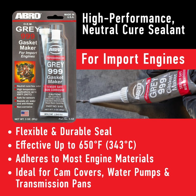 Abro 999 RTV Silicone Sealant and Gasket Maker - 650 Degrees F, OEM Specified, Sensor Safe, Non-Corrosive, High Temp Silicone Sealant/Head Gasket Sealant Neutral Cure, Low Odor, 3 oz. Tube - Grey - Image 3