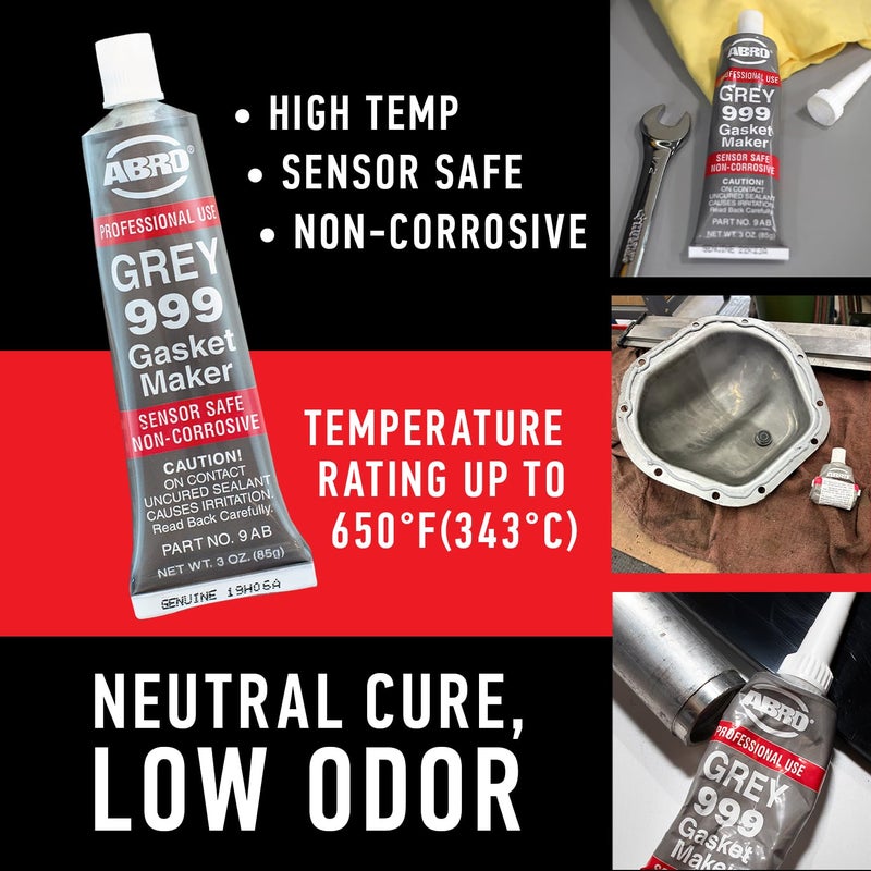 Abro 999 RTV Silicone Sealant and Gasket Maker - 650 Degrees F, OEM Specified, Sensor Safe, Non-Corrosive, High Temp Silicone Sealant/Head Gasket Sealant Neutral Cure, Low Odor, 3 oz. Tube - Grey - Image 2