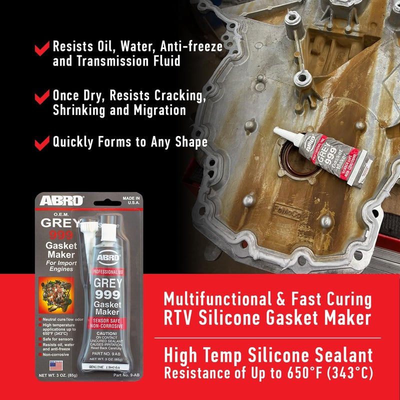 Abro 999 RTV Silicone Sealant and Gasket Maker - 650 Degrees F, OEM Specified, Sensor Safe, Non-Corrosive, High Temp Silicone Sealant/Head Gasket Sealant Neutral Cure, Low Odor, 3 oz. Tube - Grey - Image 5