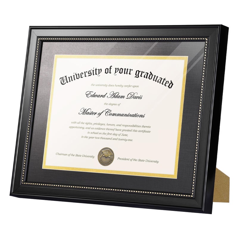 upsimples 11x14 Diploma Frame with High Definition Glass, Display 8.5x11 Certificate with Black over Gold Mat, Degree Document Frame for Wall and Tabletop, Black with Gold Beads, 1 Pack - Image 4