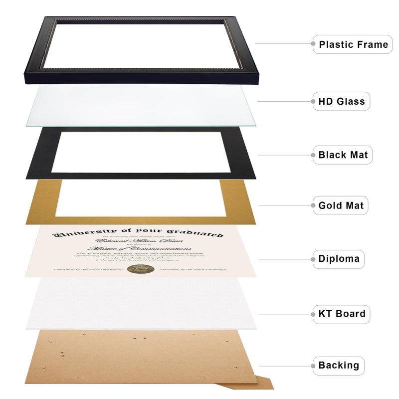 upsimples 11x14 Diploma Frame with High Definition Glass, Display 8.5x11 Certificate with Black over Gold Mat, Degree Document Frame for Wall and Tabletop, Black with Gold Beads, 1 Pack - Image 2