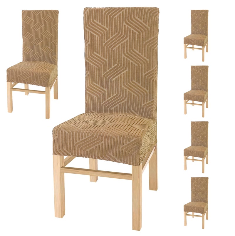 Yellow Weaves Elastic Stretchable Dining Chair Cover, Removable Washable Elastic Self Jacquard Dining Chair Covers (Set of 6, Golden Brown) - Image 1