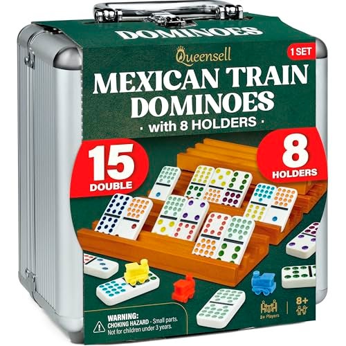 Queensell Mexican Train Dominoes Set Double 15 with 8 Holders Wooden Hub and Tiles Holders Double 15 with Dots D15 8 Holders - Image 1