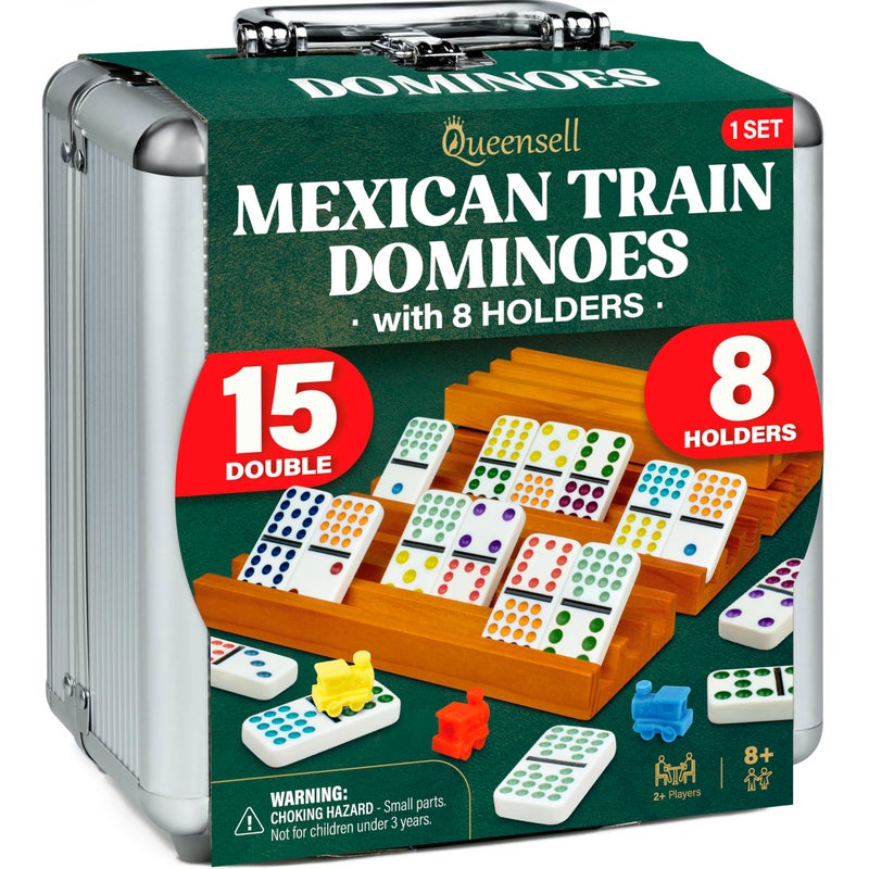 Queensell Mexican Train Dominoes Set Double 15 with 8 Holders Wooden Hub and Tiles Holders Double 15 with Dots D15 8 Holders - Image 2