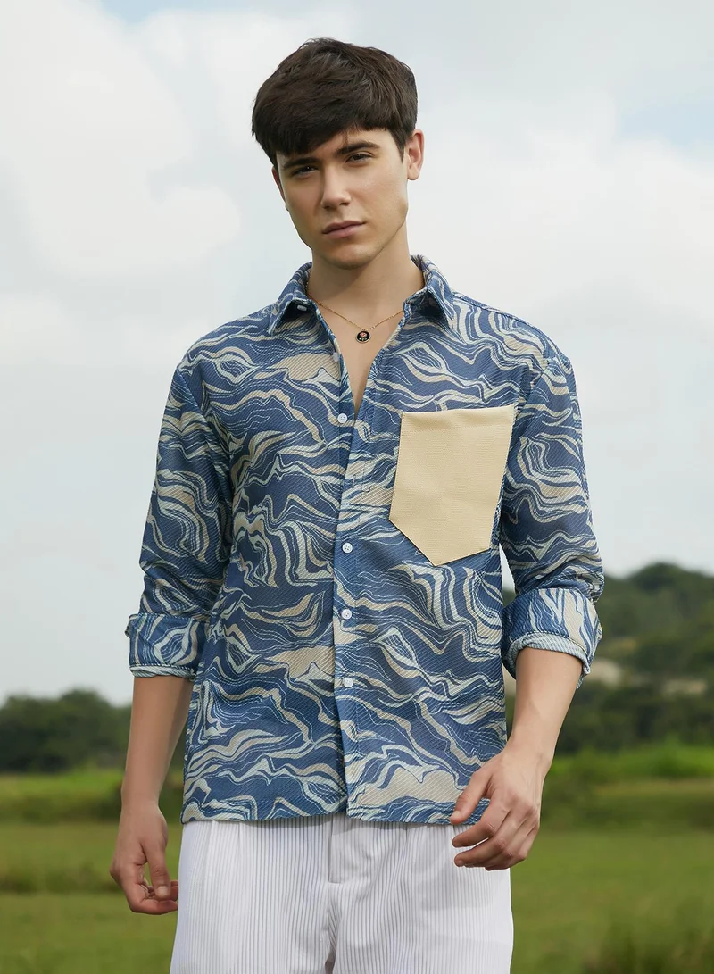 Campus Sutra Men's Indigo Blue Fluid-Block Shirt