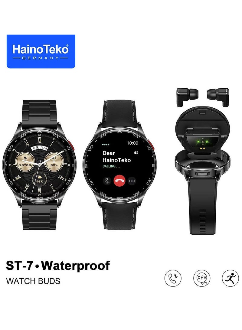 HainoTeko ST-7 Waterproof Smart Watch with Integrated Earbuds Large Screen AMOLED Display 3 Pair Straps and Charging Cable Black