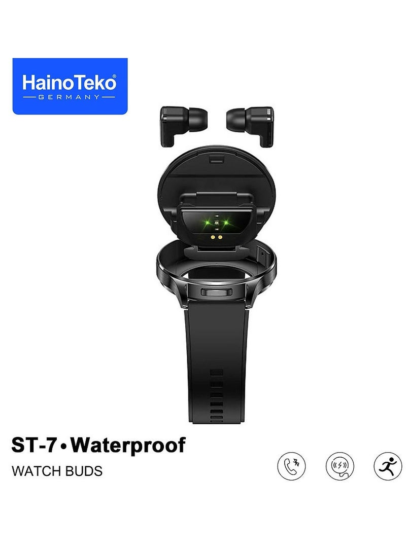 HainoTeko ST-7 Waterproof Smart Watch with Integrated Earbuds Large Screen AMOLED Display 3 Pair Straps and Charging Cable Black