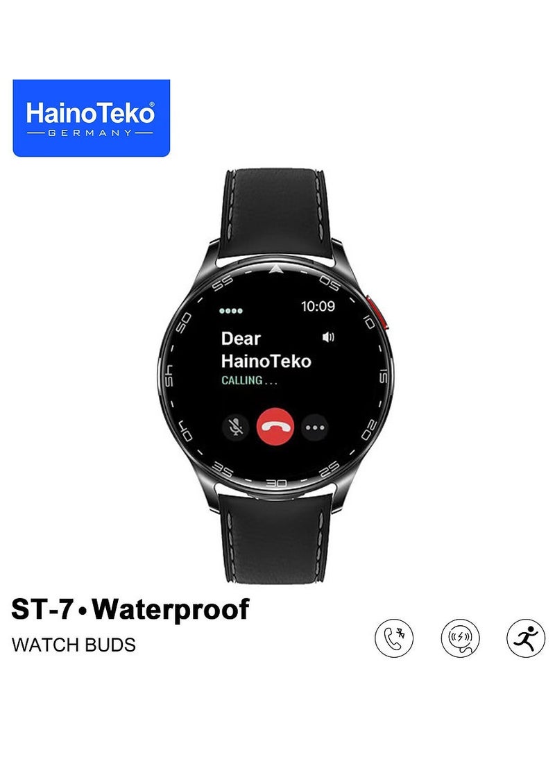 HainoTeko ST-7 Waterproof Smart Watch with Integrated Earbuds Large Screen AMOLED Display 3 Pair Straps and Charging Cable Black