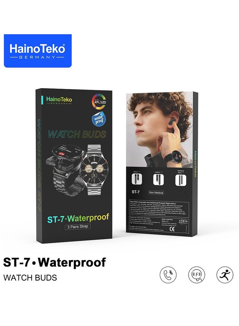 HainoTeko ST-7 Waterproof Smart Watch with Integrated Earbuds Large Screen AMOLED Display 3 Pair Straps and Charging Cable Black