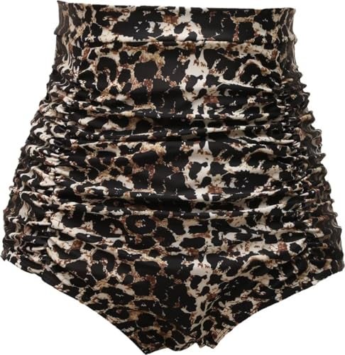 COCOPEAR Women's Ruched High Waisted Bikini Bottom Retro Vintage Swim Short Tankinis Leopard L/10-12 - Image 1