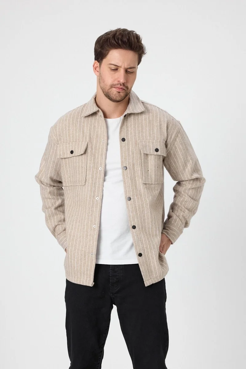 Cool Tarz Cool Style Men's Striped Double Pocket Flap Cashmere Shirt Jacket