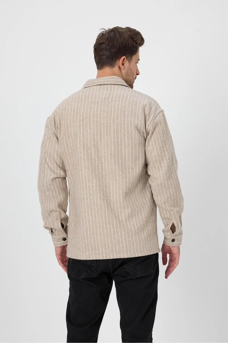 Cool Tarz Cool Style Men's Striped Double Pocket Flap Cashmere Shirt Jacket