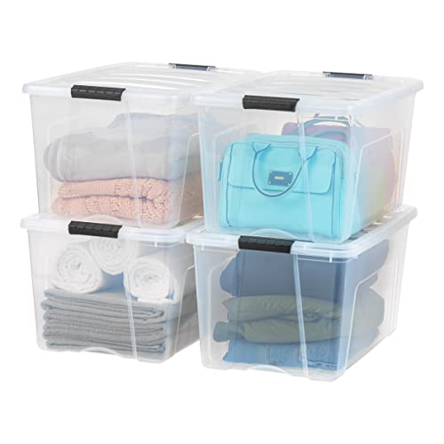 IRIS USA 72 Qt Stackable Plastic Storage Bins with Lids 4 Pack  BPAFree Made in USA  SeeThrough Organizing Solution Latches Durable Nestable Containers Secure Pull Handle  Clear