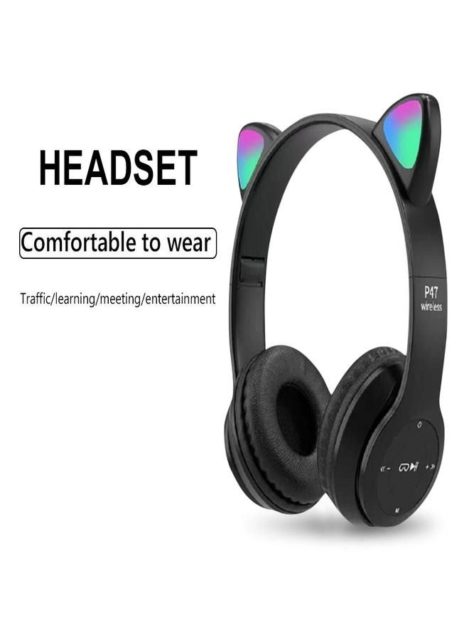 P47 Wireless Gaming Headset, Bluetooth 5.0 Cat Ear Headphones, Kids Headphones,LED Light Up Bluetooth Over Ear Headphones for Kids and Adults Wearing (BLACK) - Image 2
