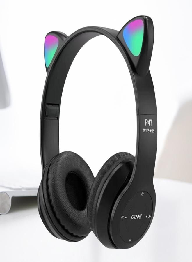 P47 Wireless Gaming Headset, Bluetooth 5.0 Cat Ear Headphones, Kids Headphones,LED Light Up Bluetooth Over Ear Headphones for Kids and Adults Wearing (BLACK) - Image 1