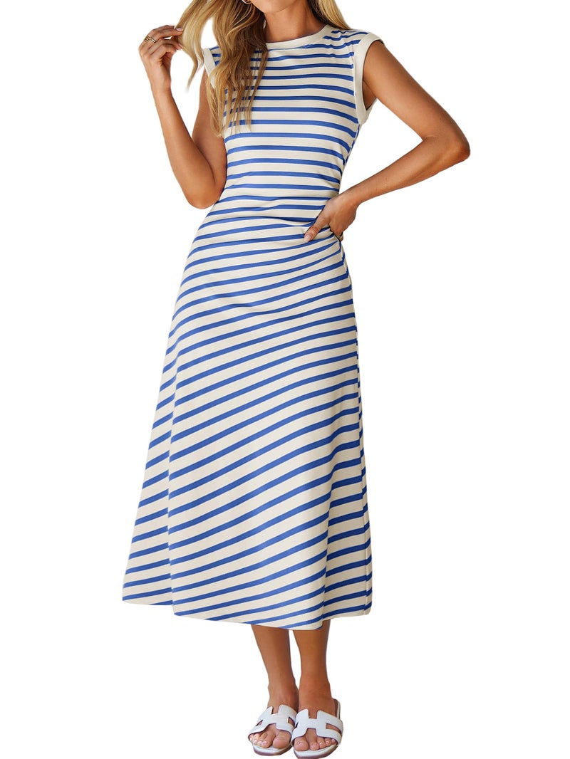 Glamaker Women Summer Tshirt Midi Dress Soft A Line Cap Sleeve Casual Sun Dress for Work Beach Vacation(Blue M) - Image 1