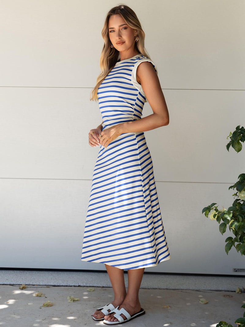 Glamaker Women Summer Tshirt Midi Dress Soft A Line Cap Sleeve Casual Sun Dress for Work Beach Vacation(Blue M) - Image 4