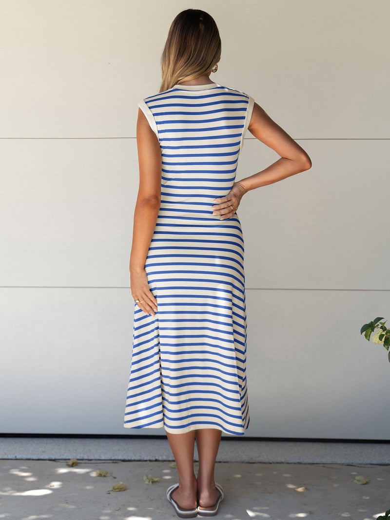 Glamaker Women Summer Tshirt Midi Dress Soft A Line Cap Sleeve Casual Sun Dress for Work Beach Vacation(Blue M) - Image 5