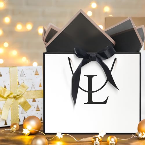 QLSKO Monogrammed Gift Wrap Bag Personalized Initial Paper Bag with Card Matching Envelope Sticker,Bow Ribbon and Wrapping Tissue Birthday Gifts for Women Men (White, L-Medium) - Image 5