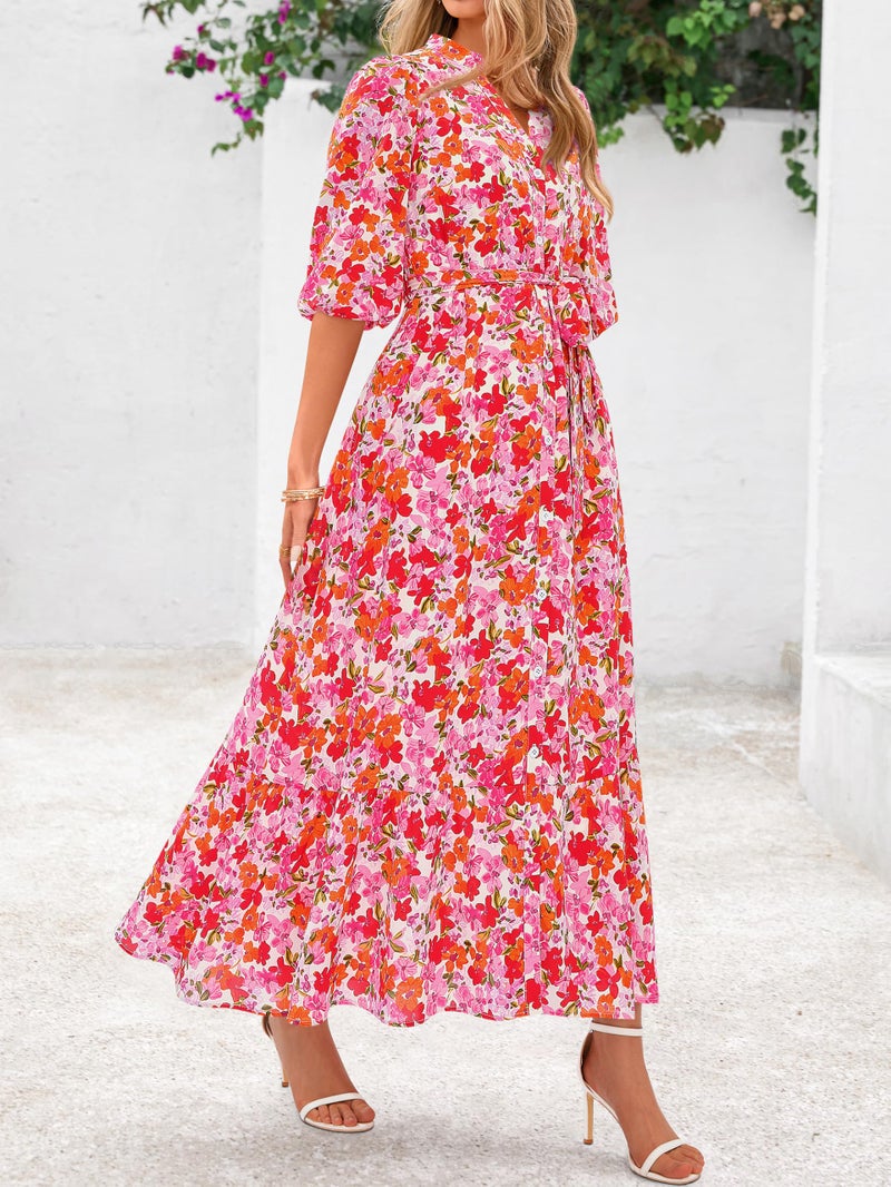 MASCOMODA Womens Floral Maxi Dresses Boho Summer Casual V Neck 3/4 Puff Sleeve Button Down Tie Waist Long Flowy Shirt Dress(Orange Pink Floral,Large) - Image 3