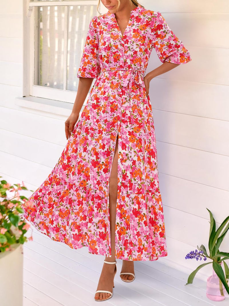MASCOMODA Womens Floral Maxi Dresses Boho Summer Casual V Neck 3/4 Puff Sleeve Button Down Tie Waist Long Flowy Shirt Dress(Orange Pink Floral,Large) - Image 5