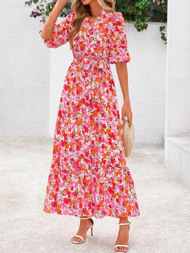 MASCOMODA Womens Floral Maxi Dresses Boho Summer Casual V Neck 3/4 Puff Sleeve Button Down Tie Waist Long Flowy Shirt Dress(Orange Pink Floral,Large) - Image 4