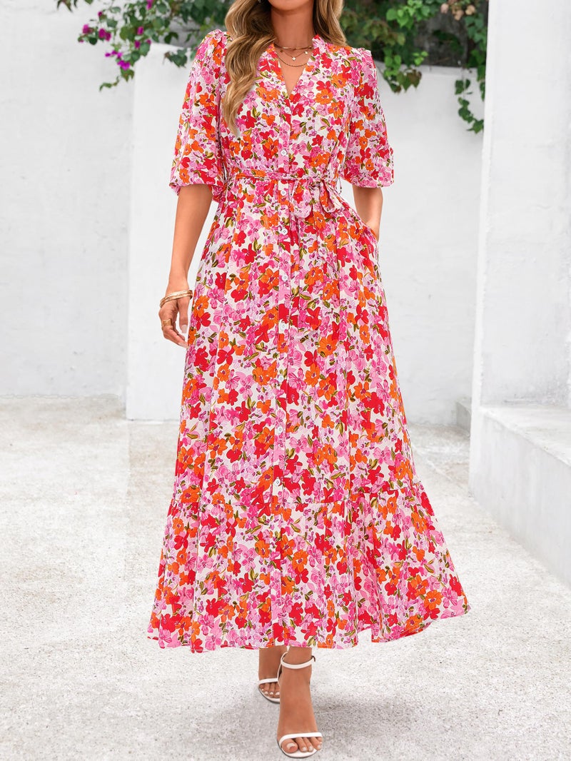 MASCOMODA Womens Floral Maxi Dresses Boho Summer Casual V Neck 3/4 Puff Sleeve Button Down Tie Waist Long Flowy Shirt Dress(Orange Pink Floral,Large) - Image 2
