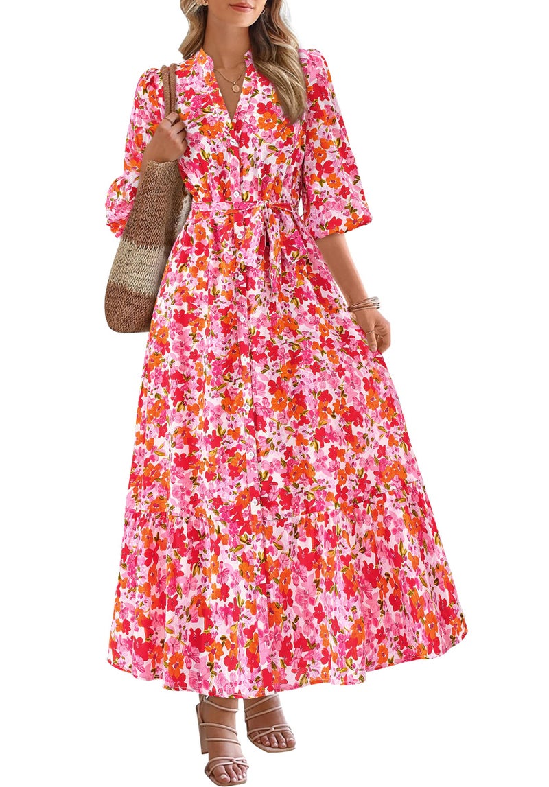 MASCOMODA Womens Floral Maxi Dresses Boho Summer Casual V Neck 3/4 Puff Sleeve Button Down Tie Waist Long Flowy Shirt Dress(Orange Pink Floral,Large) - Image 1