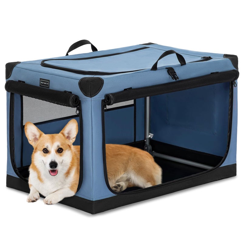 قفص كلاب PETSFIT القابل للطي مع غطاء قماش قابل للتعديل ببراءة اختراع وأبواب شبكية مقاومة للمضغ وقابلة للقفل وقاعدة مقاومة للماء كينيل ناعمة زرقاء 30 بوصة