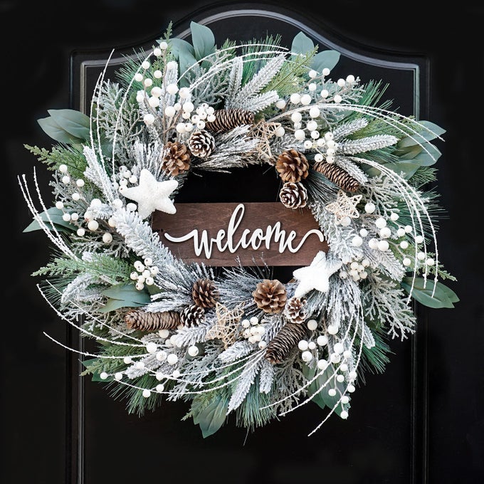 24 INCH WINTER WREATHS FOR FRONT DOOR OUTSIDE ARTIFICIAL OUTDOOR CHRISTMAS WREATH WITH PINECONESWHITE BERRIES AND WELCOME SIGNXMAS HOLIDAY WINTER DECORATIONS FOR HOME FARMHUSE DOOR DECOR