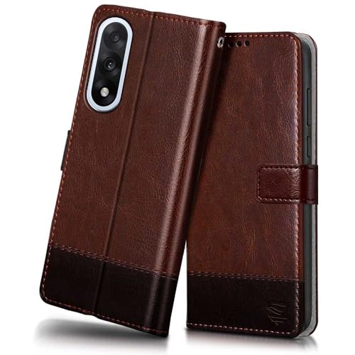 FLIPPED Vegan Leather Flip Case Back Cover for 1+ OnePlus Nord 5 (Flexible, Shock Proof | Hand Stitched Leather Finish | Card Pockets Wallet & Stand (Brown with Coffee) - Image 1
