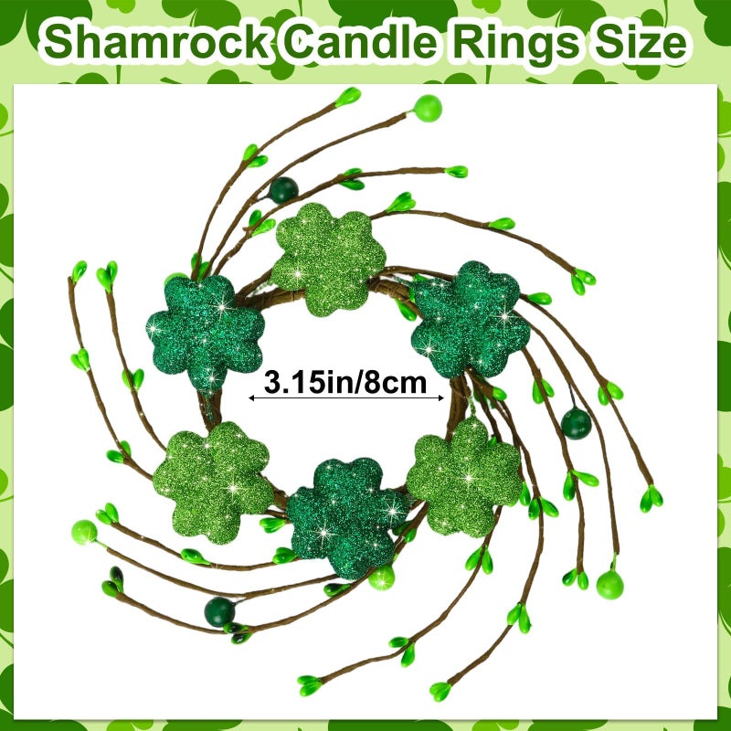 Jansun 4 PCS St. Patrick's Day Candle Rings, Shamrock Candle Holders Glittering Shamrock Wreaths for Festive DÃ©cor Adorable Additions to Your Holiday Centerpieces - Image 2