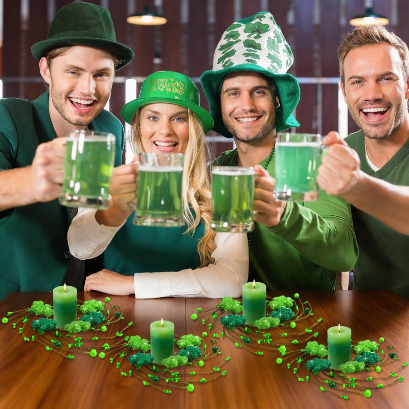 Jansun 4 PCS St. Patrick's Day Candle Rings, Shamrock Candle Holders Glittering Shamrock Wreaths for Festive DÃ©cor Adorable Additions to Your Holiday Centerpieces - Image 4