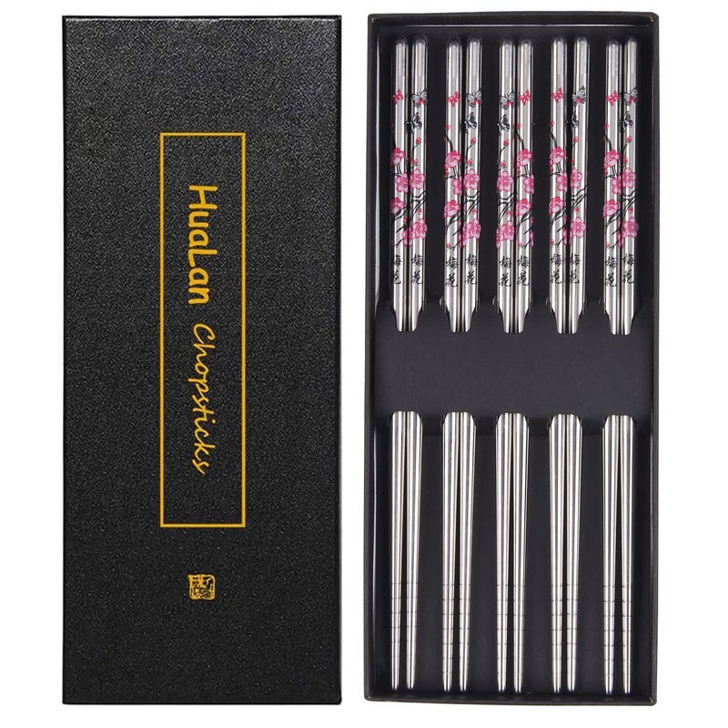HuaLan Stainless Steel Chopsticks Metal Alloy Chopstick Reusable Nonslip Design Chop Sticks 5 Pairs Gift SetPlum Pattern Design