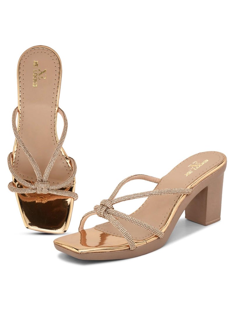 XE Looks Women's Gold Block Heels | Elegant Knotted Braided Straps | Stylish & Comfortable Heels | Fashionable Block Heels For Girls & Women - Image 1