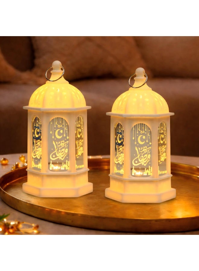 2 قطعة فوانيس رمضان LED، مصابيح بتصميم قمر ونجوم لقصر الرياح لديكور المنزل وعيد مبارك - Image 1