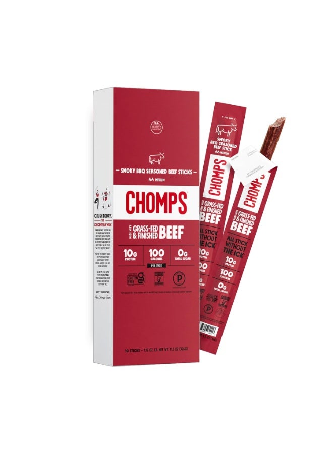 CHOMPS Grass-Fed and Finished Smoky BBQ Beef Jerky Snack Sticks 10-Pack - Keto, Paleo, Whole30, 10g Lean Meat Protein, Gluten-Free, Zero Sugar Food, Non-GMO - Image 2