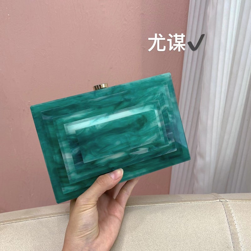 Fashion Marble Green Layered Design Acrylic Dinner Clutch Trendy Chain Single Shoulder Crossbody Bag - Image 5