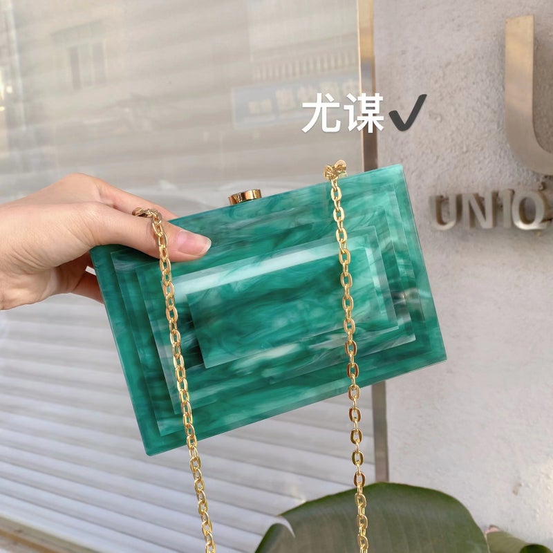 Fashion Marble Green Layered Design Acrylic Dinner Clutch Trendy Chain Single Shoulder Crossbody Bag - Image 3