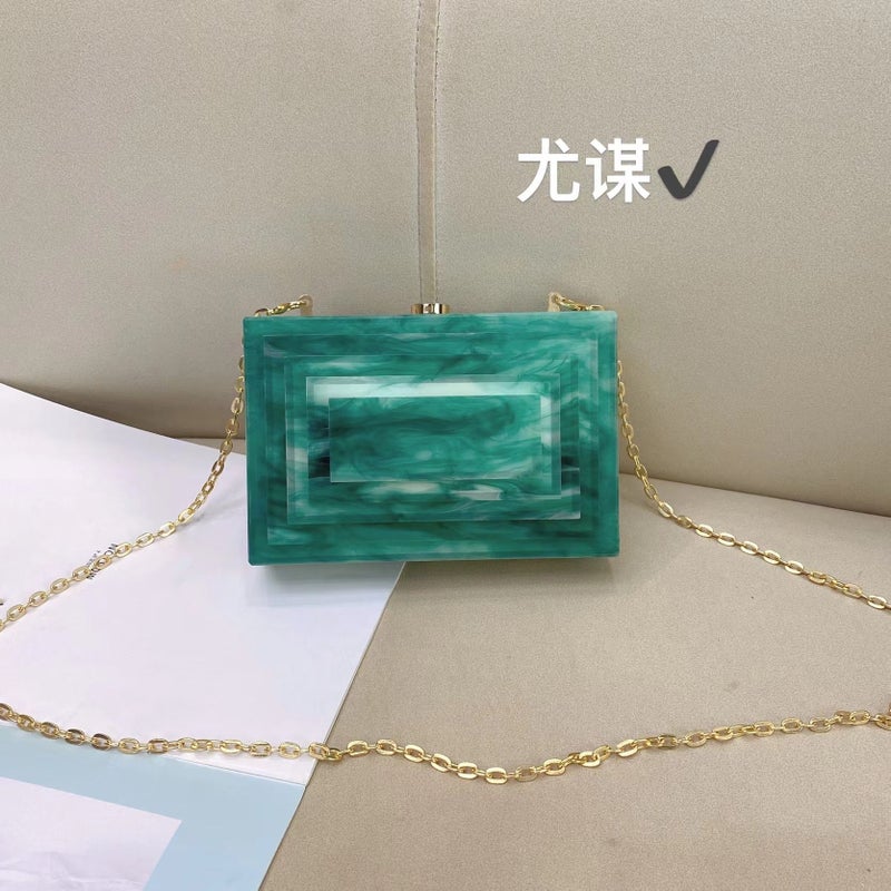 Fashion Marble Green Layered Design Acrylic Dinner Clutch Trendy Chain Single Shoulder Crossbody Bag - Image 4