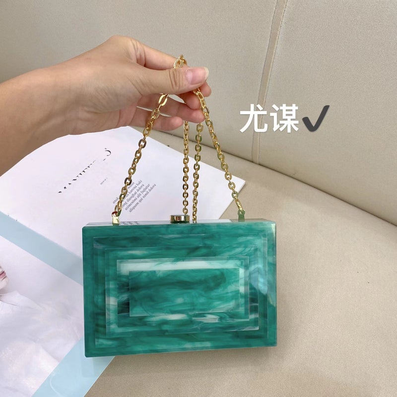 Fashion Marble Green Layered Design Acrylic Dinner Clutch Trendy Chain Single Shoulder Crossbody Bag - Image 2