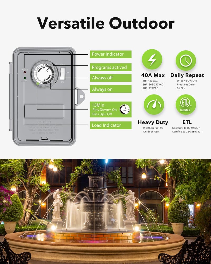 BN-LINK Pool Pump Timer, Outdoor Mechanical Timer Box, Heavy Duty 24 Hour Programmable, 2HP 40A Max, 120, 240, 277 VAC, for Pool Pump, Water Heater, Fans, SPA, ETL Listed - Image 2