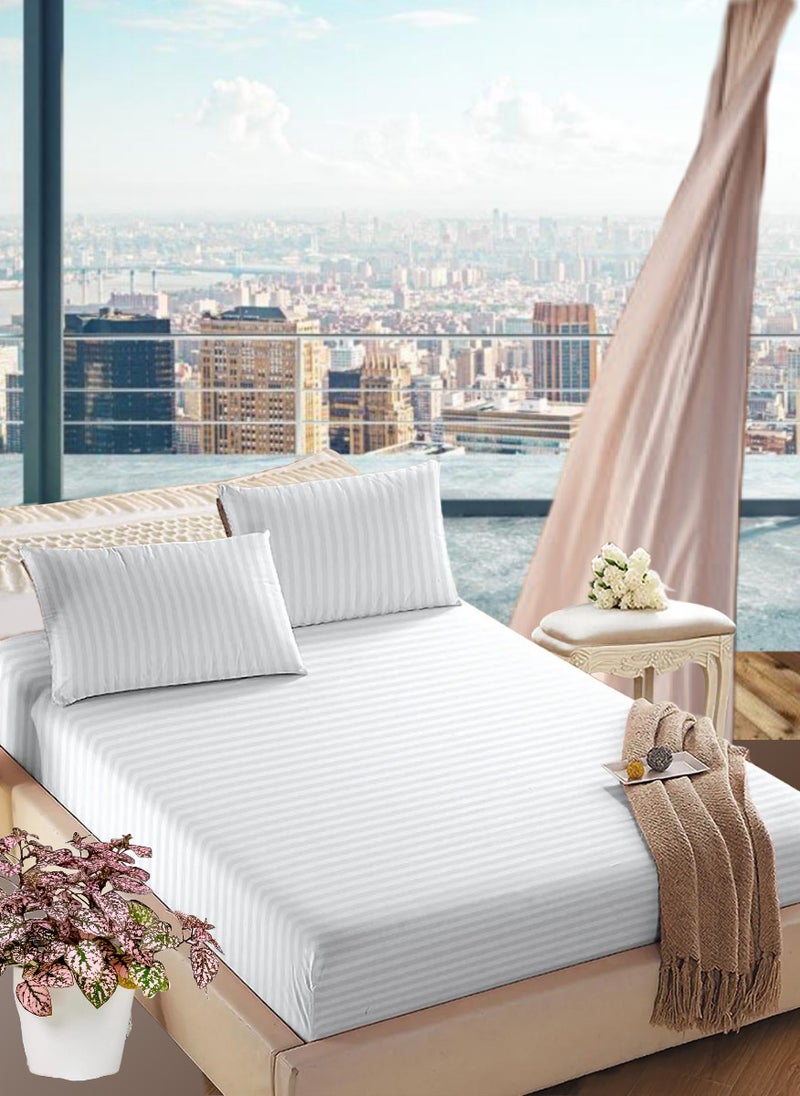 Blueberry White Deep Pocket King Size Striped Bed Sheet Set Cotton 200x200+35cm - Image 1