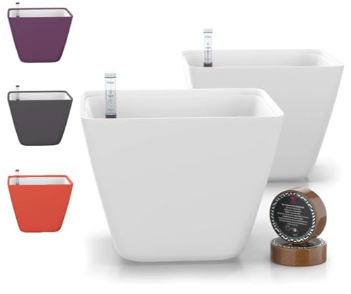 GARDENIX DECOR حدائق ديكور 5 أصص ذاتية السقي للنباتات الداخلية وعاء زهور مع مؤشر مستوى الماء لأداة تتبع نمو النباتات وعاء زراعة ذاتي السقي 2 عبوة بيضاء