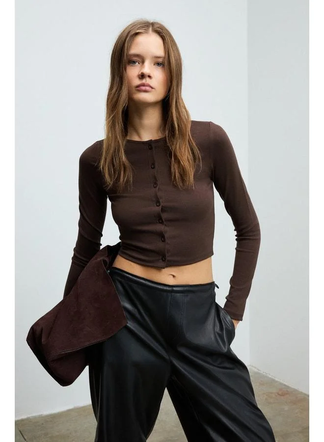 GRIMELANGE SWAY Women's Round Neck Front Functional Button-Closed Stretch Fabric Crop Brown Blouse.