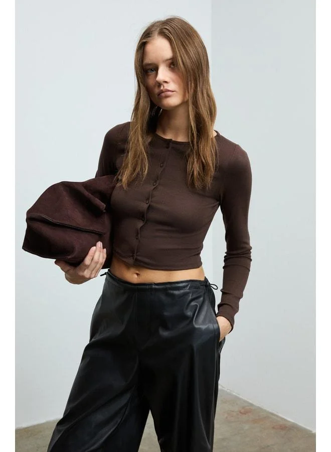 GRIMELANGE SWAY Women's Round Neck Front Functional Button-Closed Stretch Fabric Crop Brown Blouse.